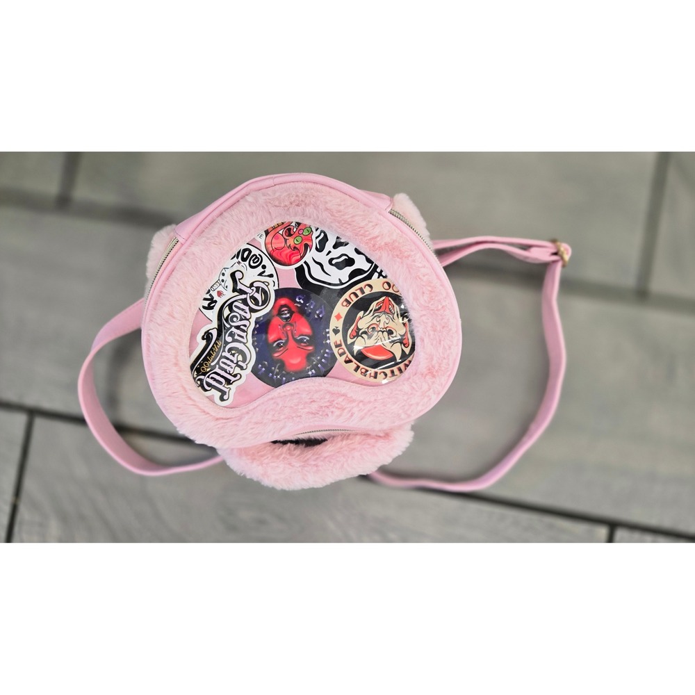 Bioworld Pink Heart Ita Bag Faux Fur Trim Mini Backpack Pin Display Window